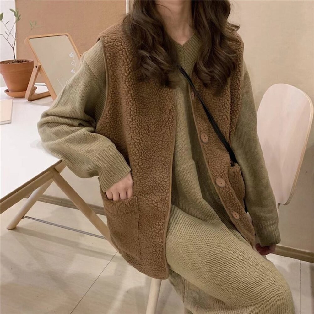 【台灣發貨】韓版復古仿羊羔毛背心外套 長袖上衣 長袖t恤 衣服 女裝 上衣【J153】-細節圖2