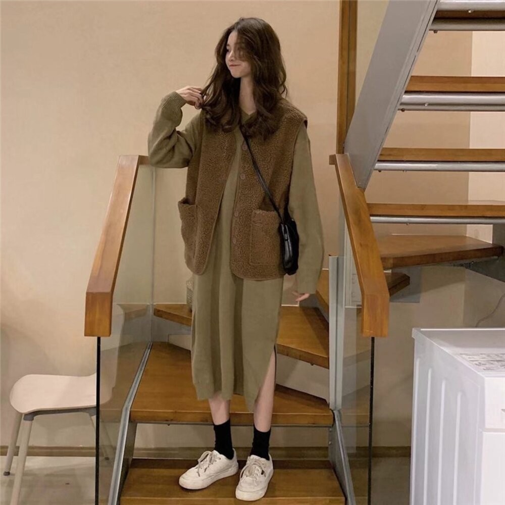 【台灣發貨】韓版復古仿羊羔毛背心外套 長袖上衣 長袖t恤 衣服 女裝 上衣【J153】-細節圖5