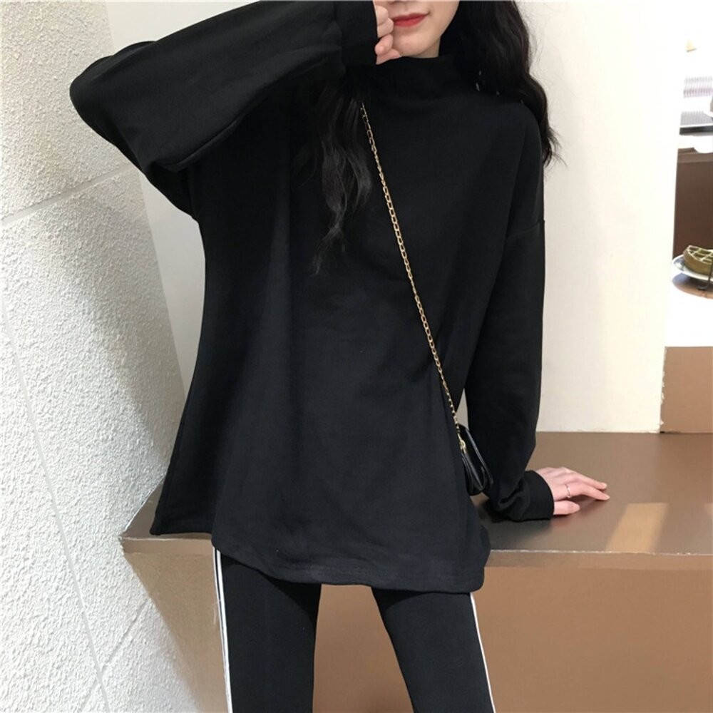 【台灣發貨】韓版半高領寬鬆長袖上衣 長袖上衣 長袖t恤 衣服 女裝 上衣【W317】-細節圖8