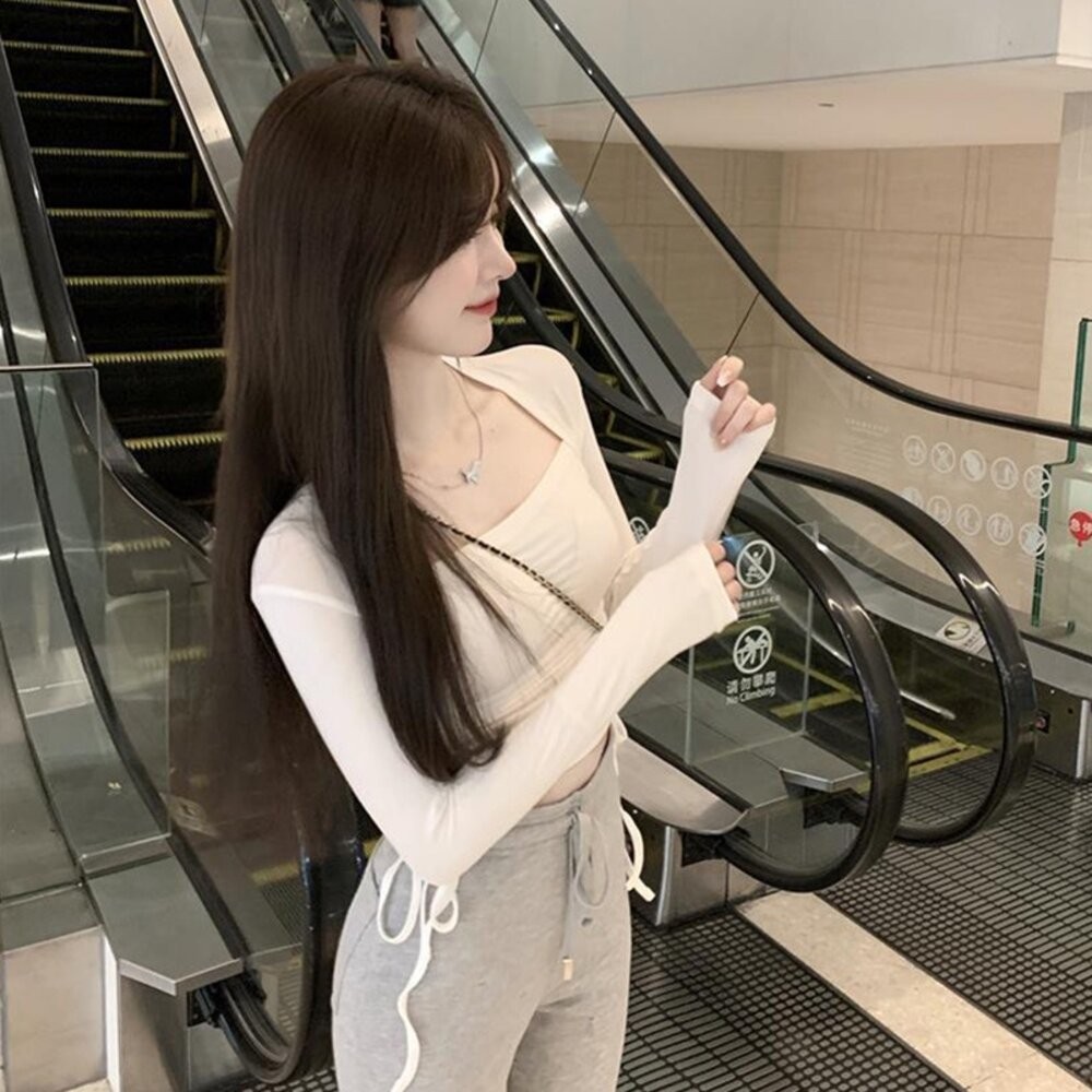 【台灣發貨】韓版設計感彈性顯瘦抽繩長袖上衣 長袖上衣 長袖t恤 衣服 女裝 上衣【W313】-細節圖6