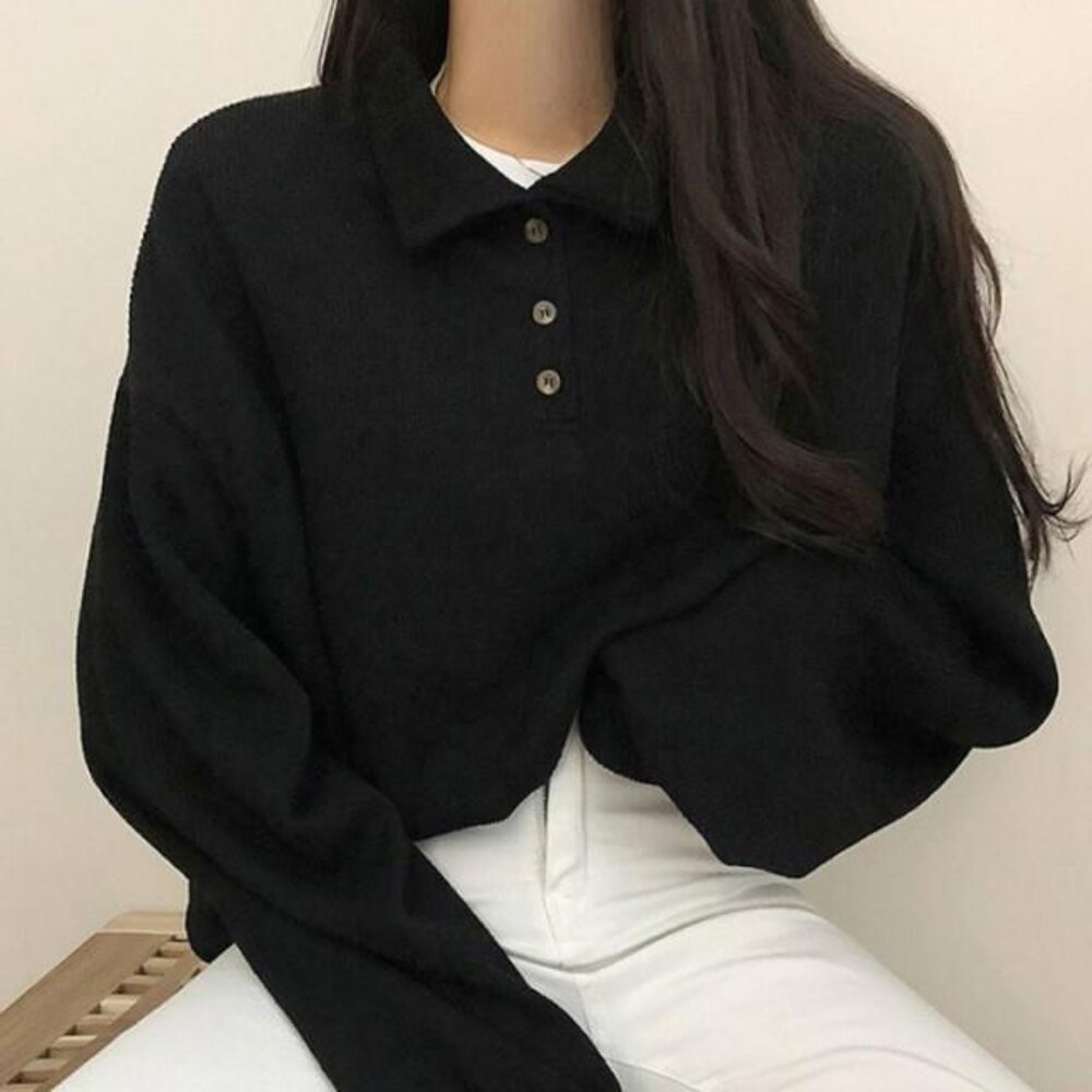 【台灣發貨】韓版休閒鈕扣寬鬆長袖上衣 長袖上衣 長袖t恤 衣服 女裝 上衣【W305】-細節圖2