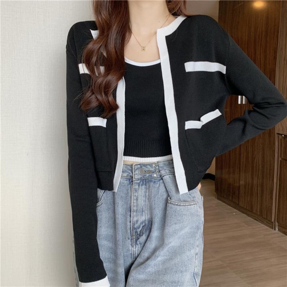 【台灣發貨】韓版小香風高級感別緻針織外套+針織背心 長袖上衣 長袖t恤 衣服 女裝 上衣【V385】【J344】-細節圖5