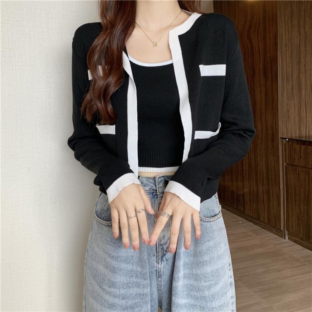 【台灣發貨】韓版小香風高級感別緻針織外套+針織背心 長袖上衣 長袖t恤 衣服 女裝 上衣【V385】【J344】-細節圖6