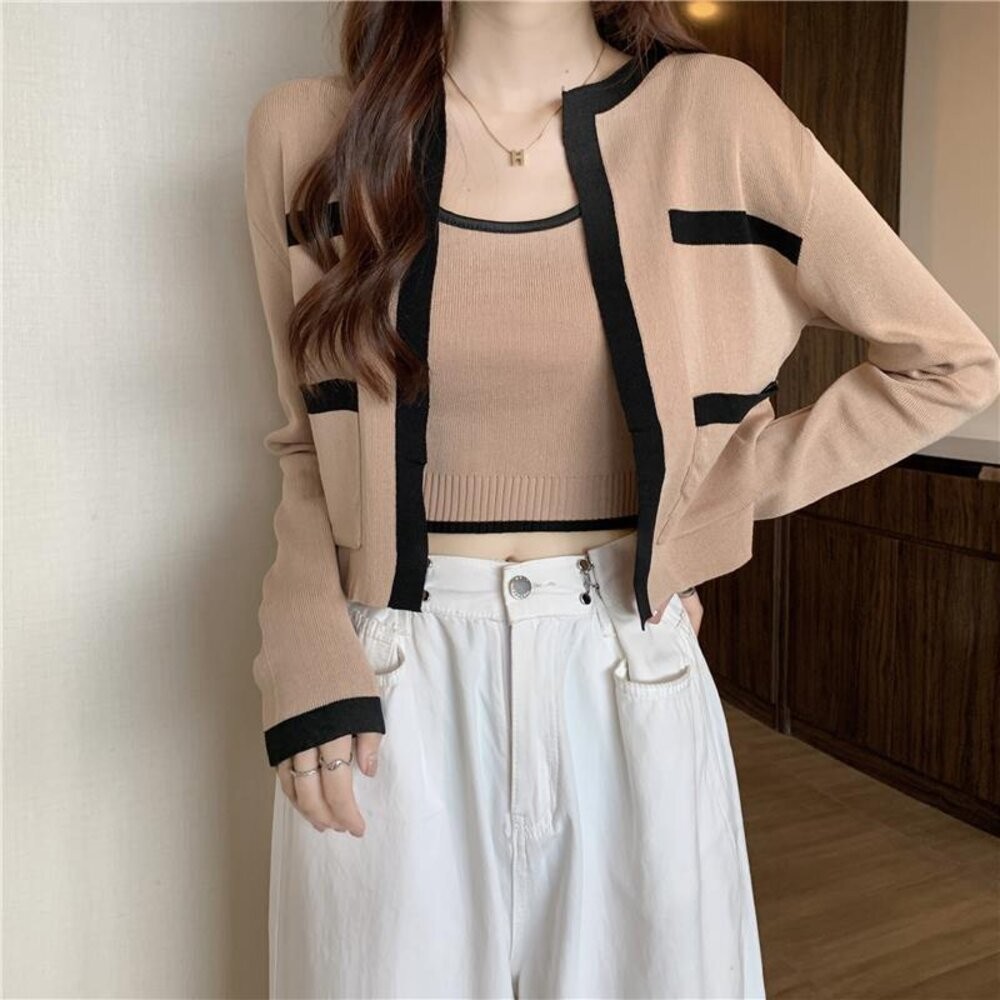 【台灣發貨】韓版小香風高級感別緻針織外套+針織背心 長袖上衣 長袖t恤 衣服 女裝 上衣【V385】【J344】-細節圖7