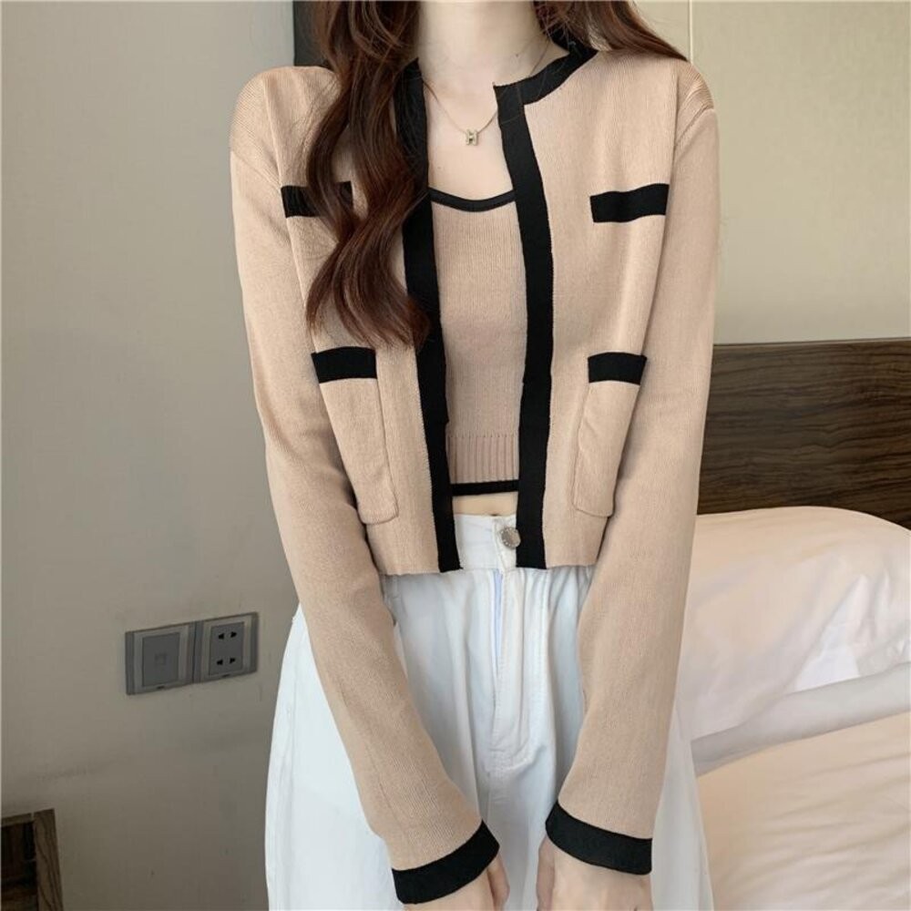 【台灣發貨】韓版小香風高級感別緻針織外套+針織背心 長袖上衣 長袖t恤 衣服 女裝 上衣【V385】【J344】-細節圖8