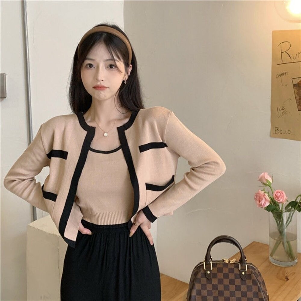 【台灣發貨】韓版氣質設計感小眾短版針織外套+針織背心 套裝 長袖上衣 長袖t恤 衣服 女裝 上衣【V385】【J344】-細節圖3