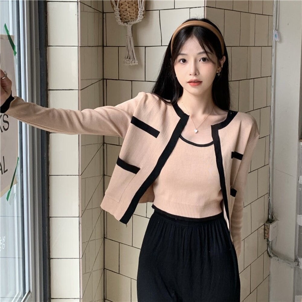 【台灣發貨】韓版氣質設計感小眾短版針織外套+針織背心 套裝 長袖上衣 長袖t恤 衣服 女裝 上衣【V385】【J344】-細節圖4