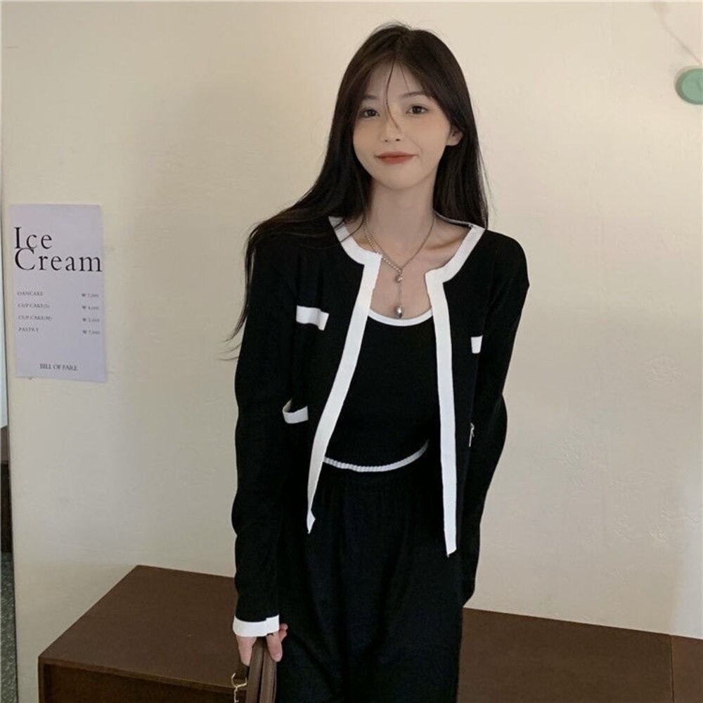 【台灣發貨】韓版氣質設計感小眾短版針織外套+針織背心 套裝 長袖上衣 長袖t恤 衣服 女裝 上衣【V385】【J344】-細節圖6