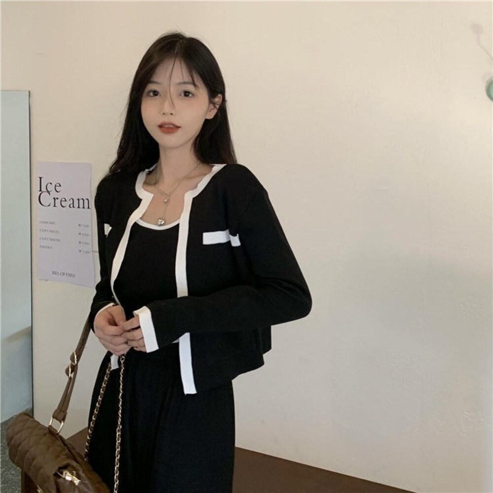 【台灣發貨】韓版氣質設計感小眾短版針織外套+針織背心 套裝 長袖上衣 長袖t恤 衣服 女裝 上衣【V385】【J344】-細節圖7