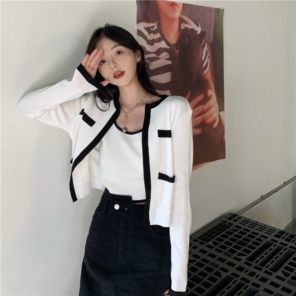 【台灣發貨】韓版氣質設計感小眾短版針織外套+針織背心 套裝 長袖上衣 長袖t恤 衣服 女裝 上衣【V385】【J344】-細節圖8