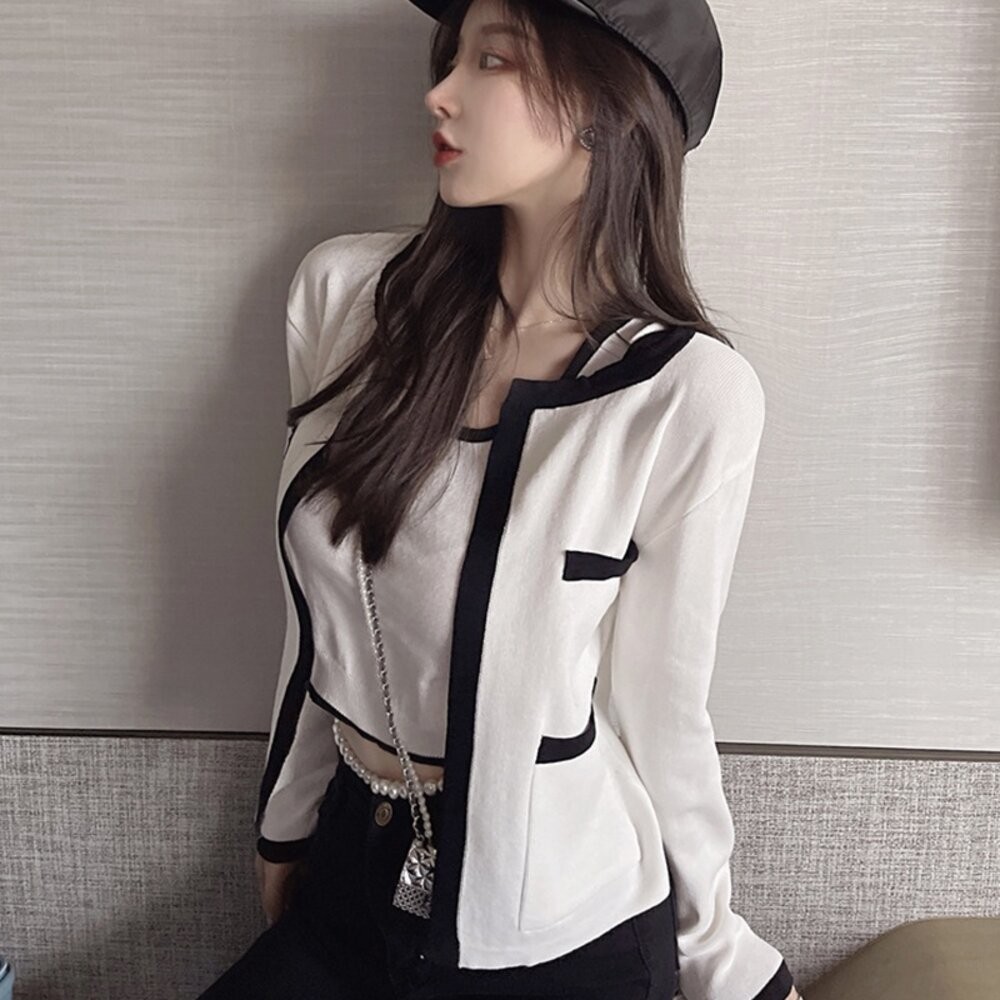 【台灣發貨】韓版撞色針織外套+針織背心 長袖上衣 長袖t恤 衣服 女裝 上衣【V385】【J344】-細節圖2