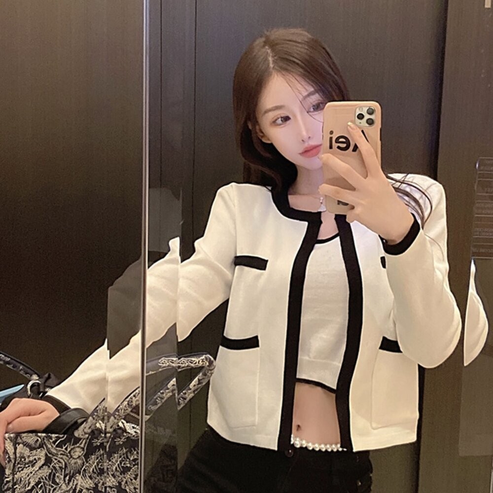 【台灣發貨】韓版撞色針織外套+針織背心 長袖上衣 長袖t恤 衣服 女裝 上衣【V385】【J344】-細節圖4