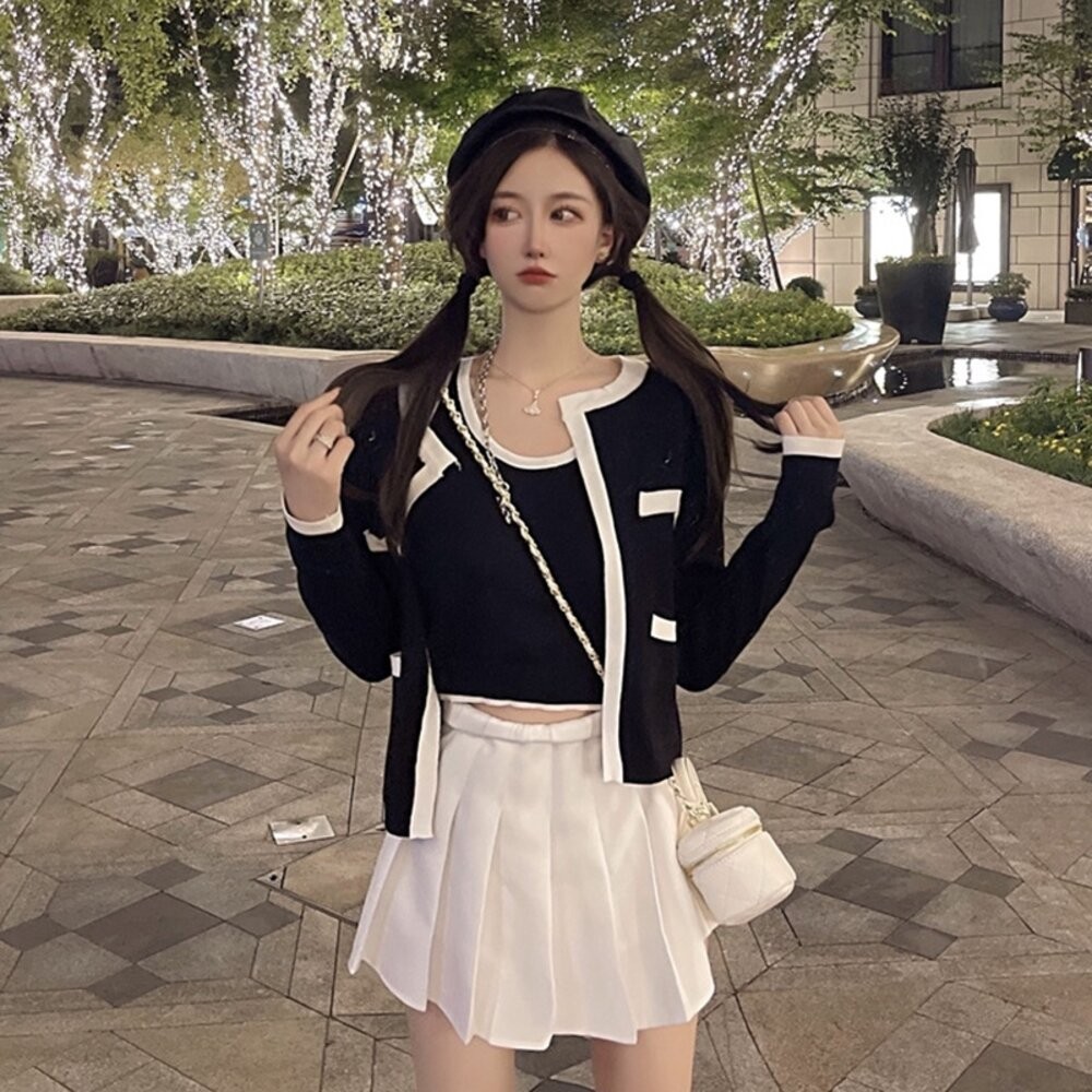 【台灣發貨】韓版撞色針織外套+針織背心 長袖上衣 長袖t恤 衣服 女裝 上衣【V385】【J344】-細節圖6