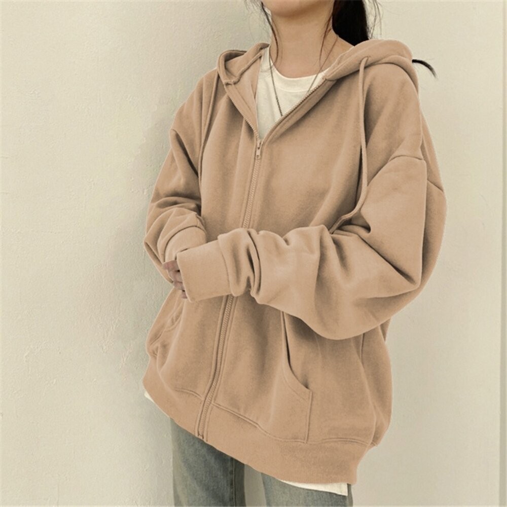 【台灣發貨】韓版寬鬆慵懶拉鍊連帽外套 長袖上衣 長袖t恤 衣服 女裝 上衣【J32】-細節圖3