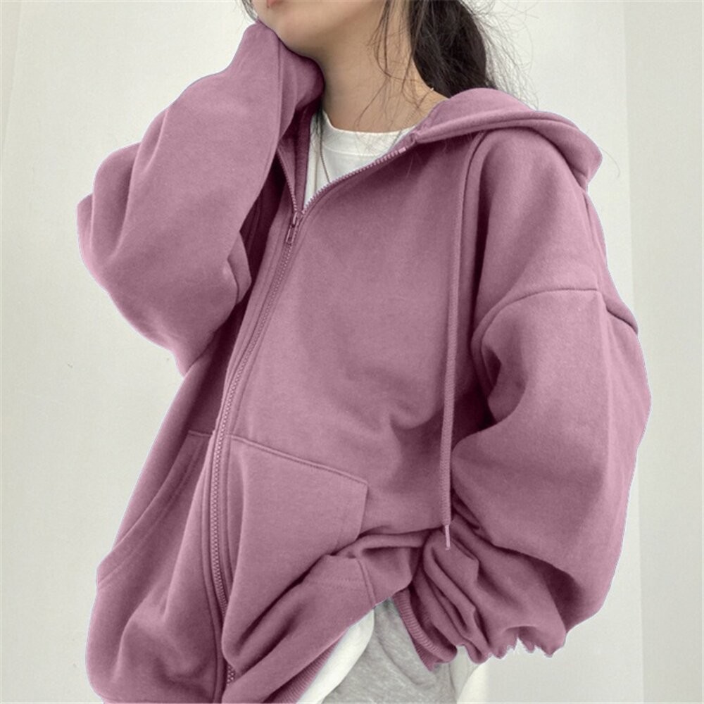 【台灣發貨】韓版寬鬆慵懶拉鍊連帽外套 長袖上衣 長袖t恤 衣服 女裝 上衣【J32】-細節圖4