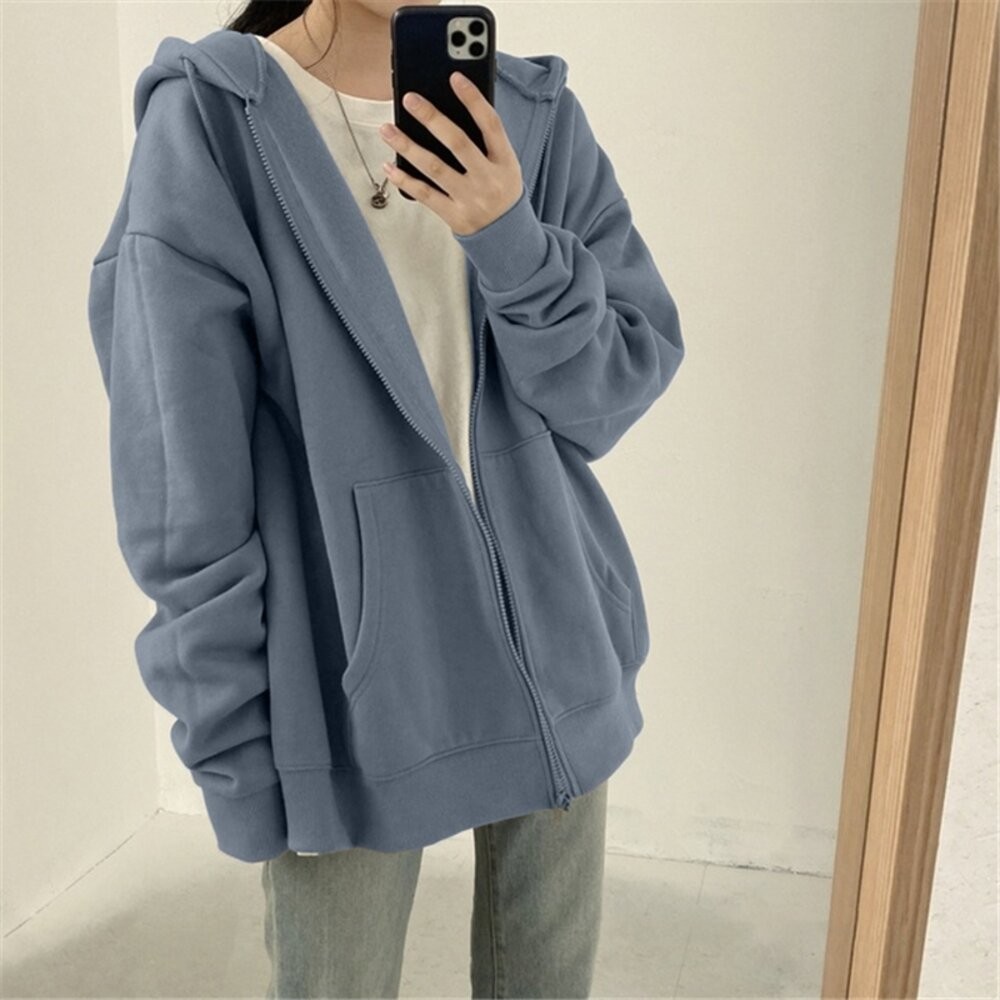 【台灣發貨】韓版寬鬆慵懶拉鍊連帽外套 長袖上衣 長袖t恤 衣服 女裝 上衣【J32】-規格圖9