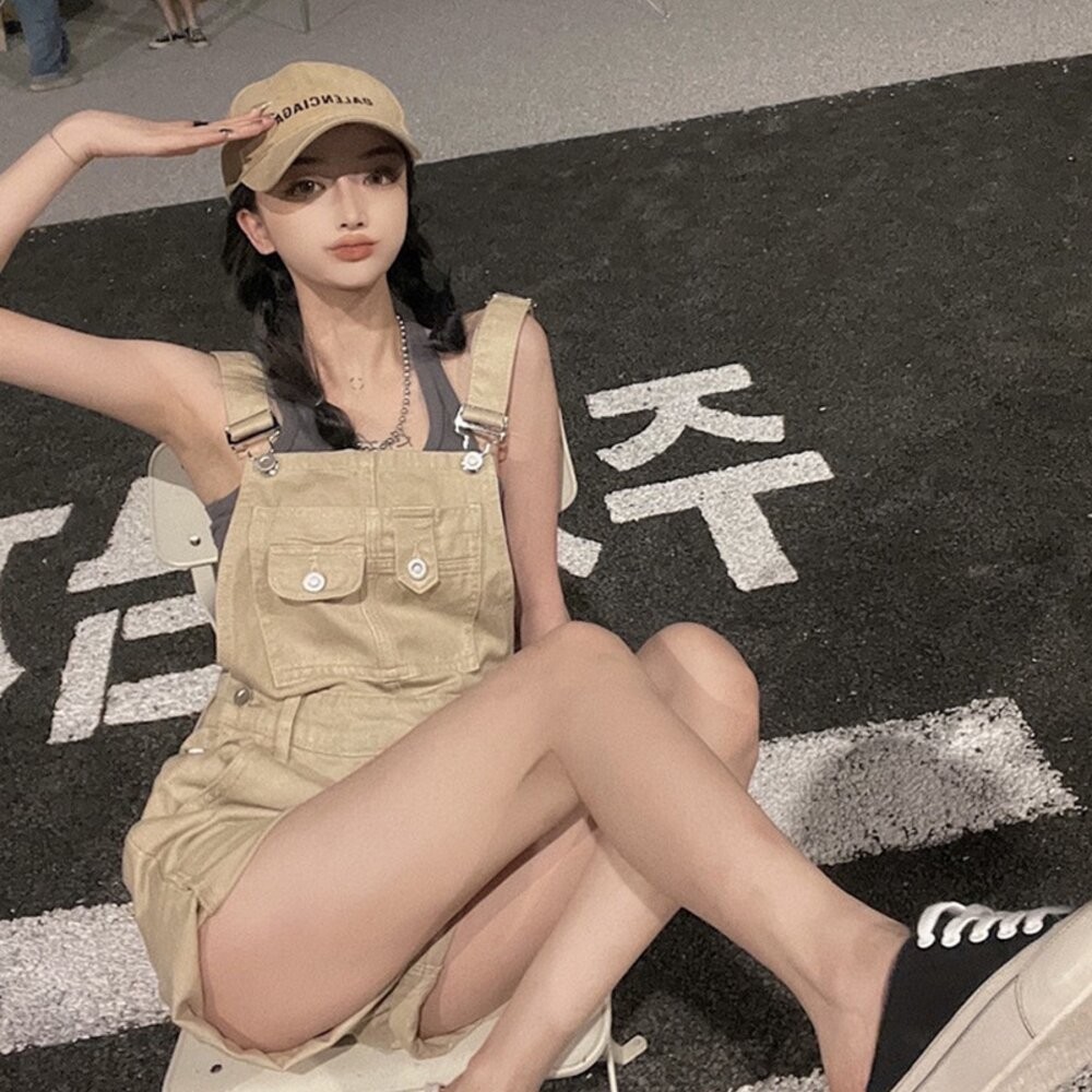 【台灣發貨】韓版復古工裝高腰牛仔背帶短褲 連身裙 吊帶裙 吊帶褲 女裝【S193】-細節圖2