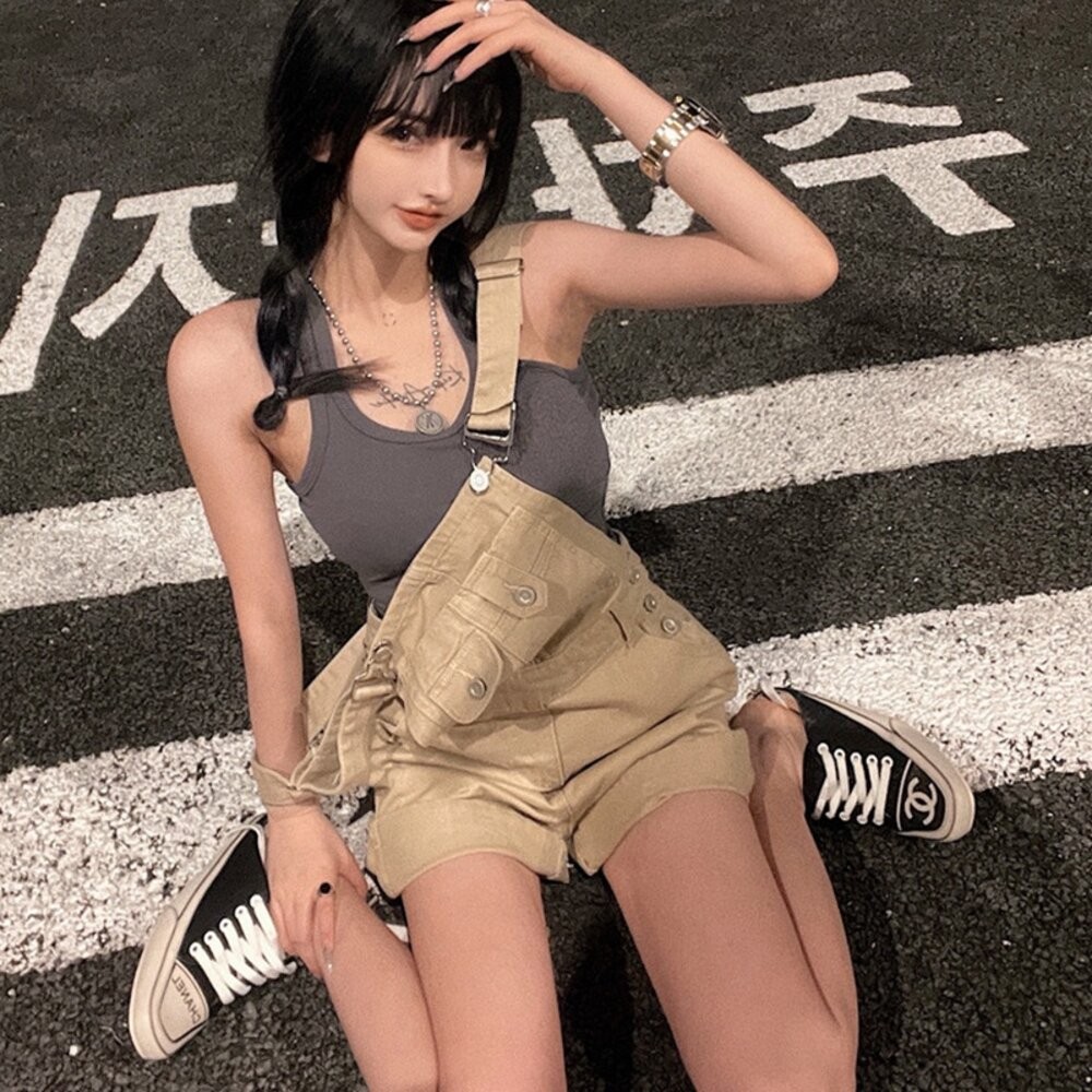 【台灣發貨】韓版復古工裝高腰牛仔背帶短褲 連身裙 吊帶裙 吊帶褲 女裝【S193】-細節圖5