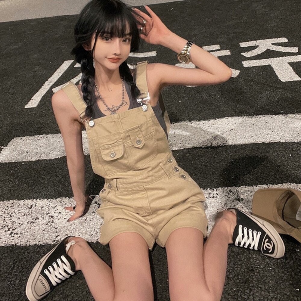 【台灣發貨】韓版復古工裝高腰牛仔背帶短褲 連身裙 吊帶裙 吊帶褲 女裝【S193】-細節圖6