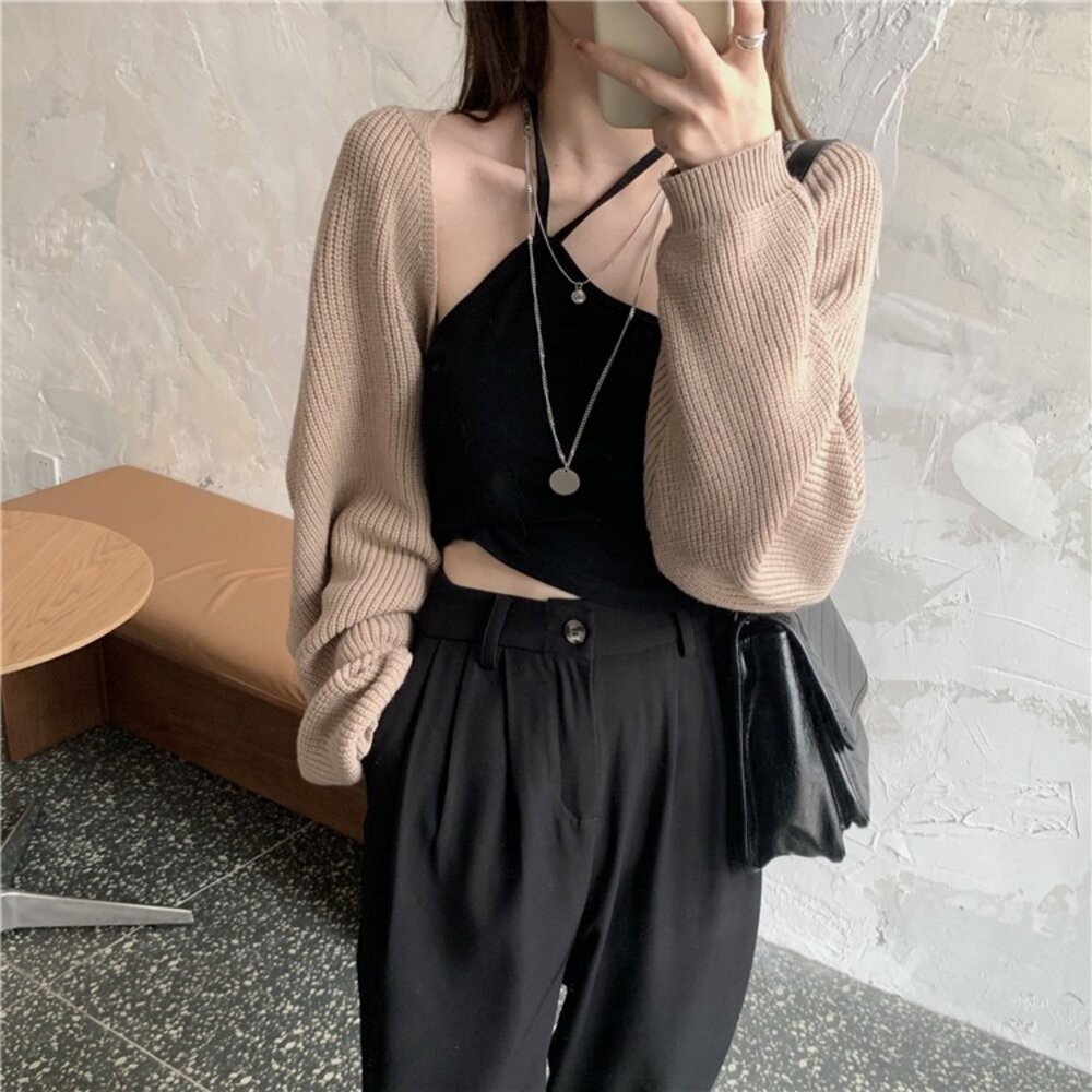 【台灣發貨】韓版薄款披肩防曬鏤空短版外套 長袖上衣 長袖t恤 衣服 女裝 上衣【J195】-細節圖3