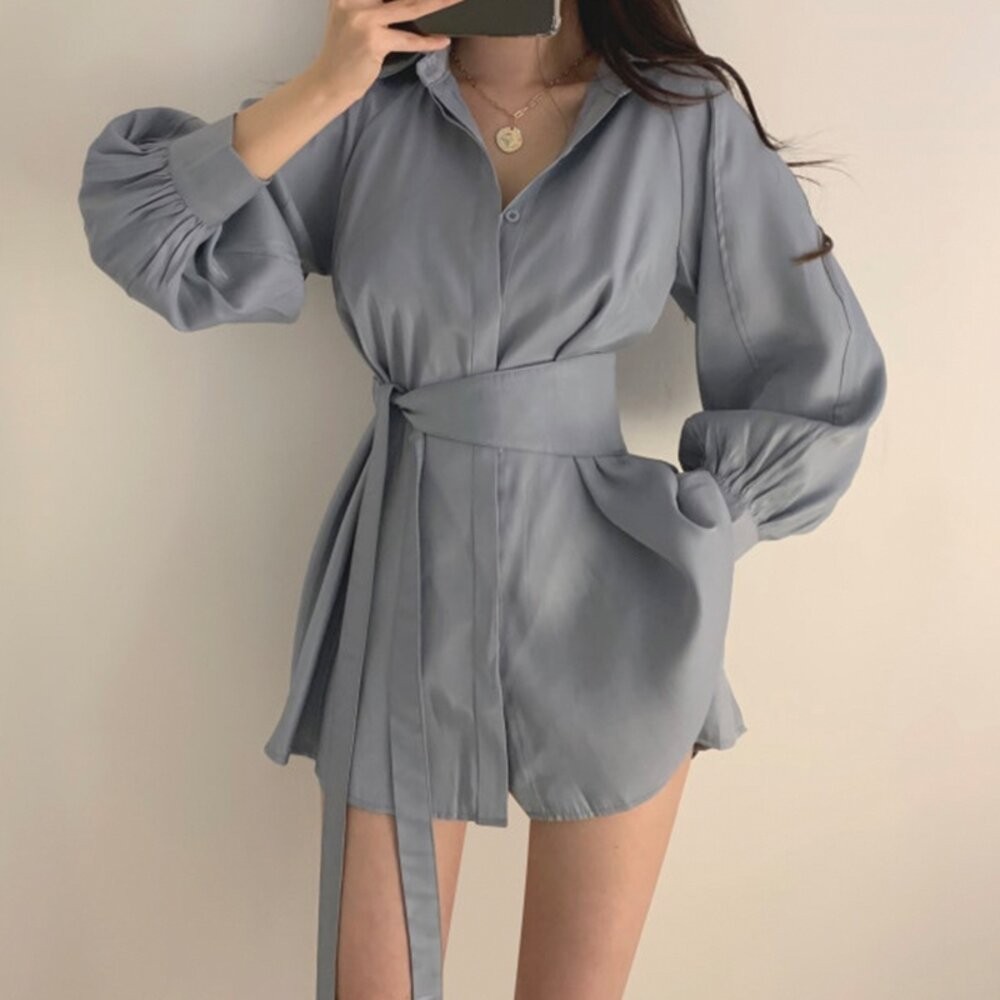 【台灣發貨】韓版氣質顯瘦綁帶設計感洋裝 套裝 長袖上衣 長袖t恤 衣服 女裝 上衣【S216】-細節圖2