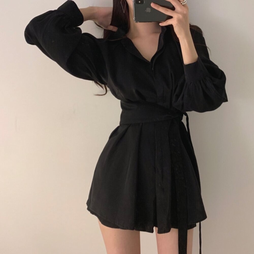 【台灣發貨】韓版氣質顯瘦綁帶設計感洋裝 套裝 長袖上衣 長袖t恤 衣服 女裝 上衣【S216】-細節圖3