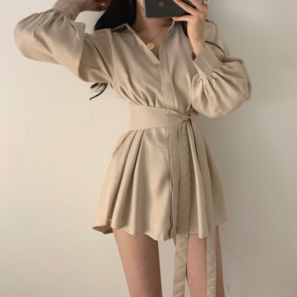 【台灣發貨】韓版氣質顯瘦綁帶設計感洋裝 套裝 長袖上衣 長袖t恤 衣服 女裝 上衣【S216】-細節圖6