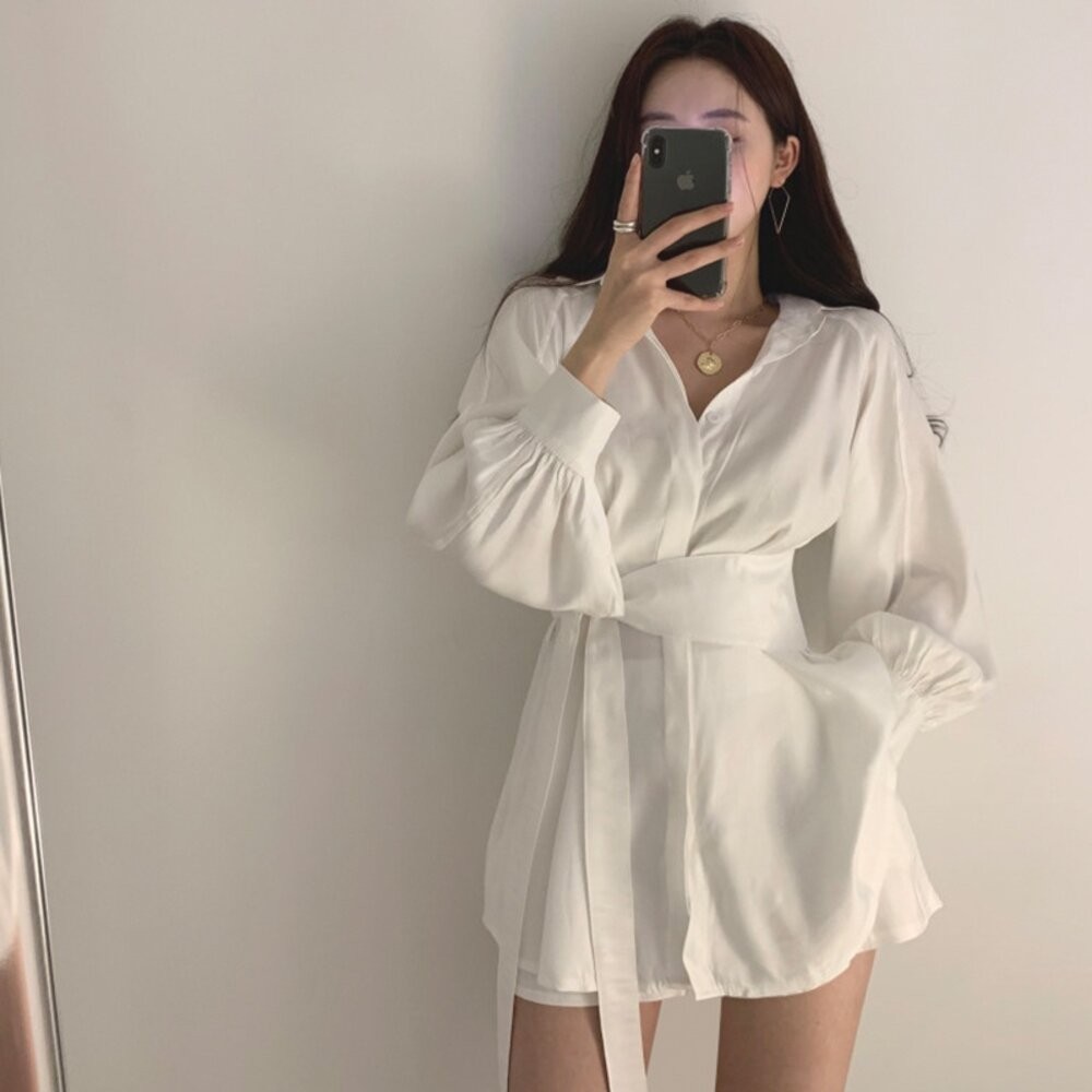 【台灣發貨】韓版氣質顯瘦綁帶設計感洋裝 套裝 長袖上衣 長袖t恤 衣服 女裝 上衣【S216】-細節圖7