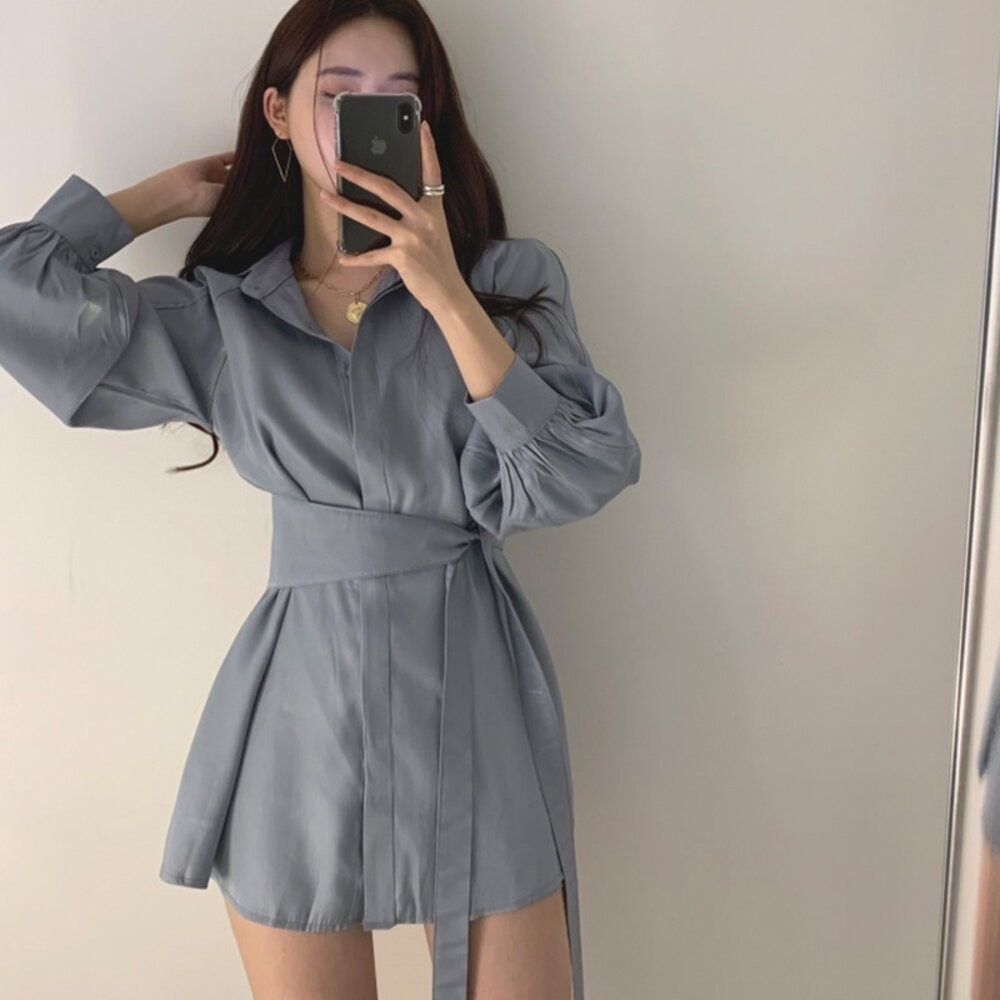 【台灣發貨】韓版氣質顯瘦綁帶設計感洋裝 套裝 長袖上衣 長袖t恤 衣服 女裝 上衣【S216】-細節圖8