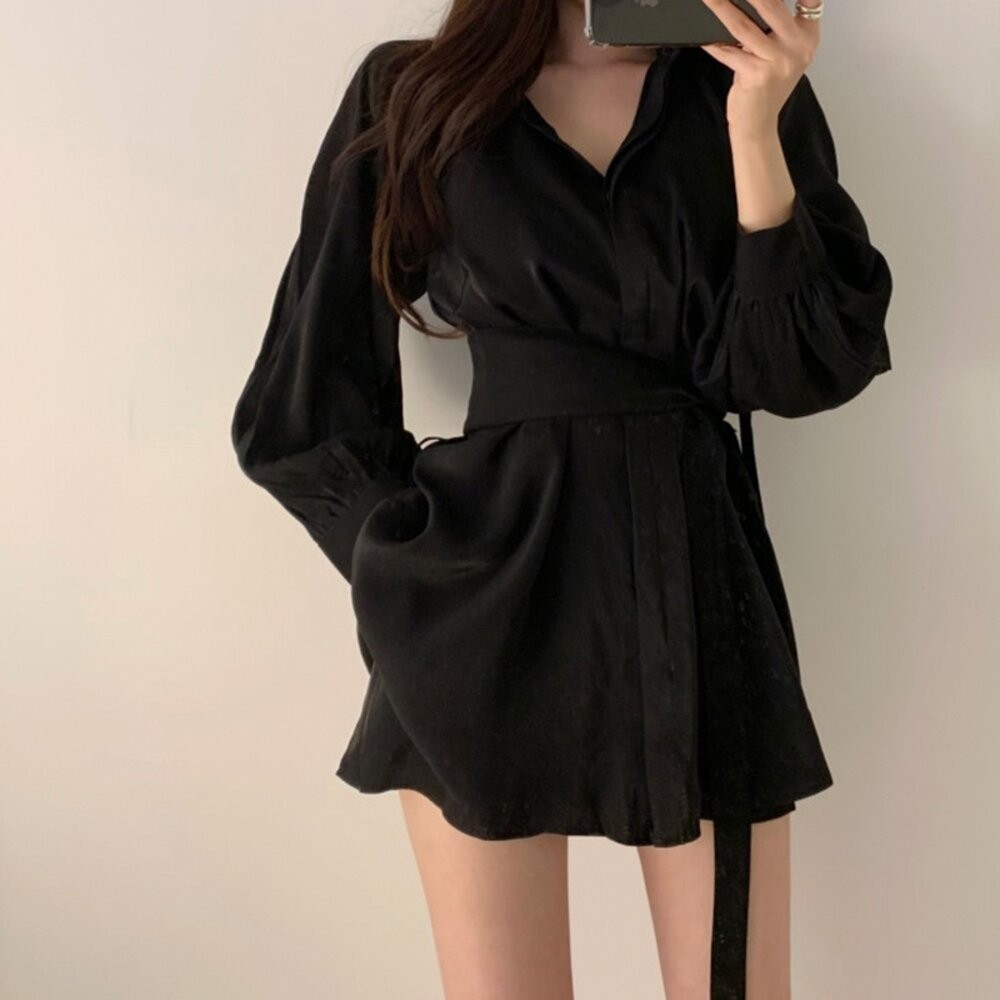 【台灣發貨】韓版氣質顯瘦綁帶設計感洋裝 套裝 長袖上衣 長袖t恤 衣服 女裝 上衣【S216】-細節圖9