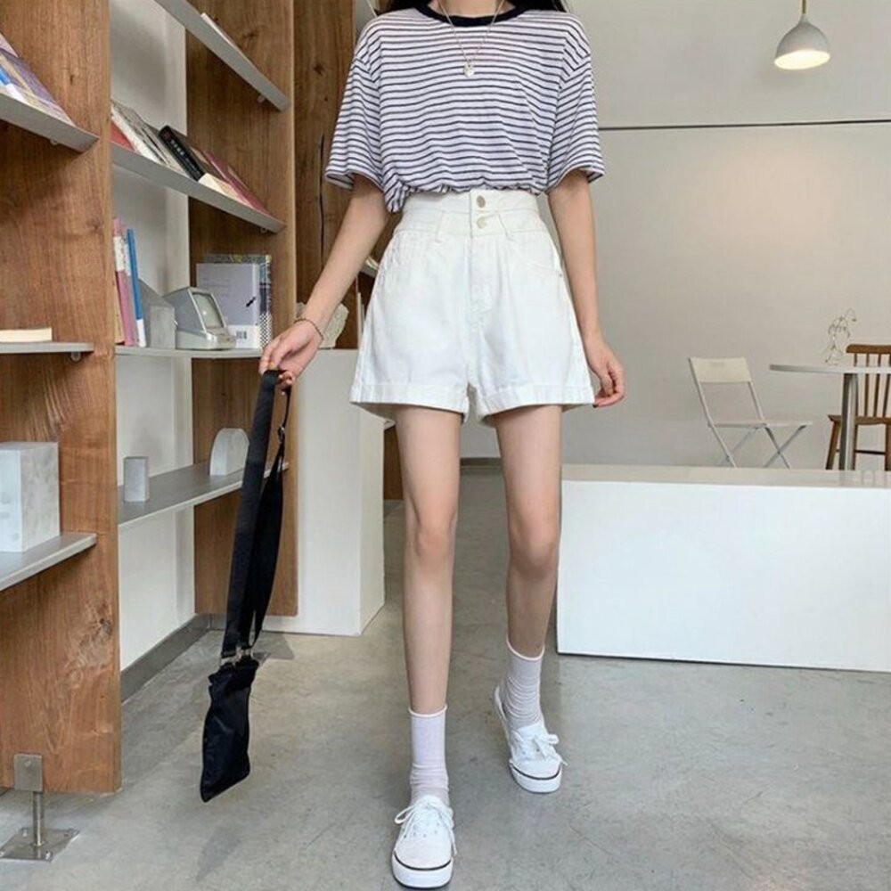 【台灣發貨】韓版寬鬆顯瘦高腰牛仔短褲 短褲 褲子 女裝【P199】-細節圖6