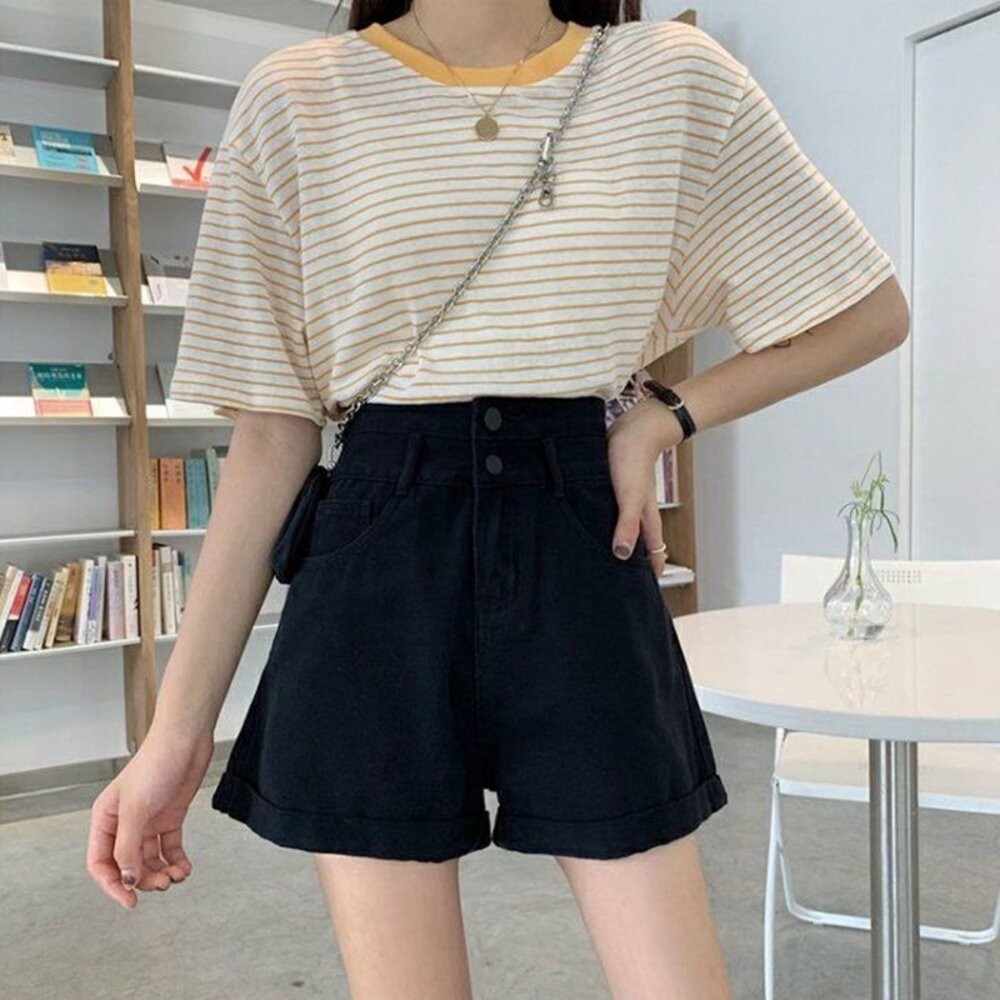 【台灣發貨】韓版寬鬆顯瘦高腰牛仔短褲 短褲 褲子 女裝【P199】-細節圖8