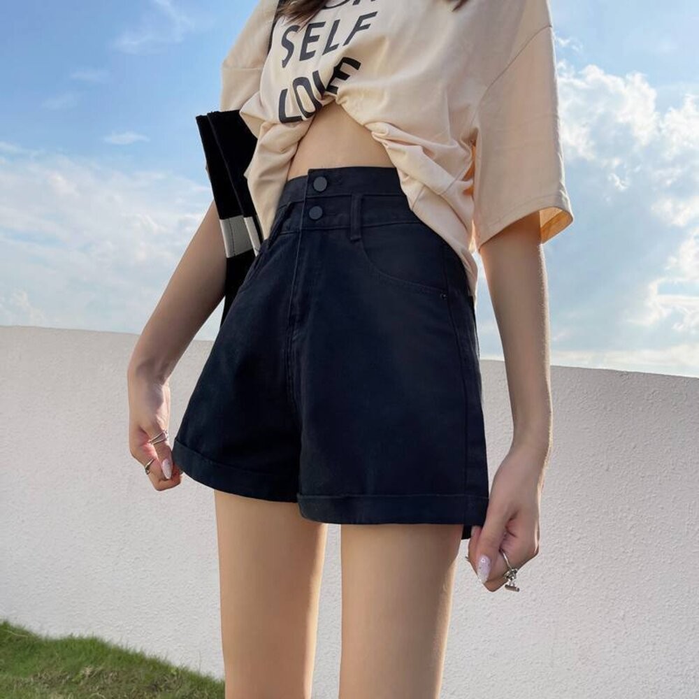 【台灣發貨】韓版顯瘦短版上衣搭配高腰捲邊牛仔短褲 短褲 褲子 女裝【P199】-細節圖2