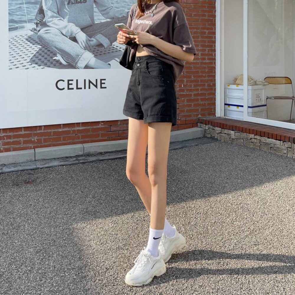 【台灣發貨】韓版顯瘦短版上衣搭配高腰捲邊牛仔短褲 短褲 褲子 女裝【P199】-細節圖5