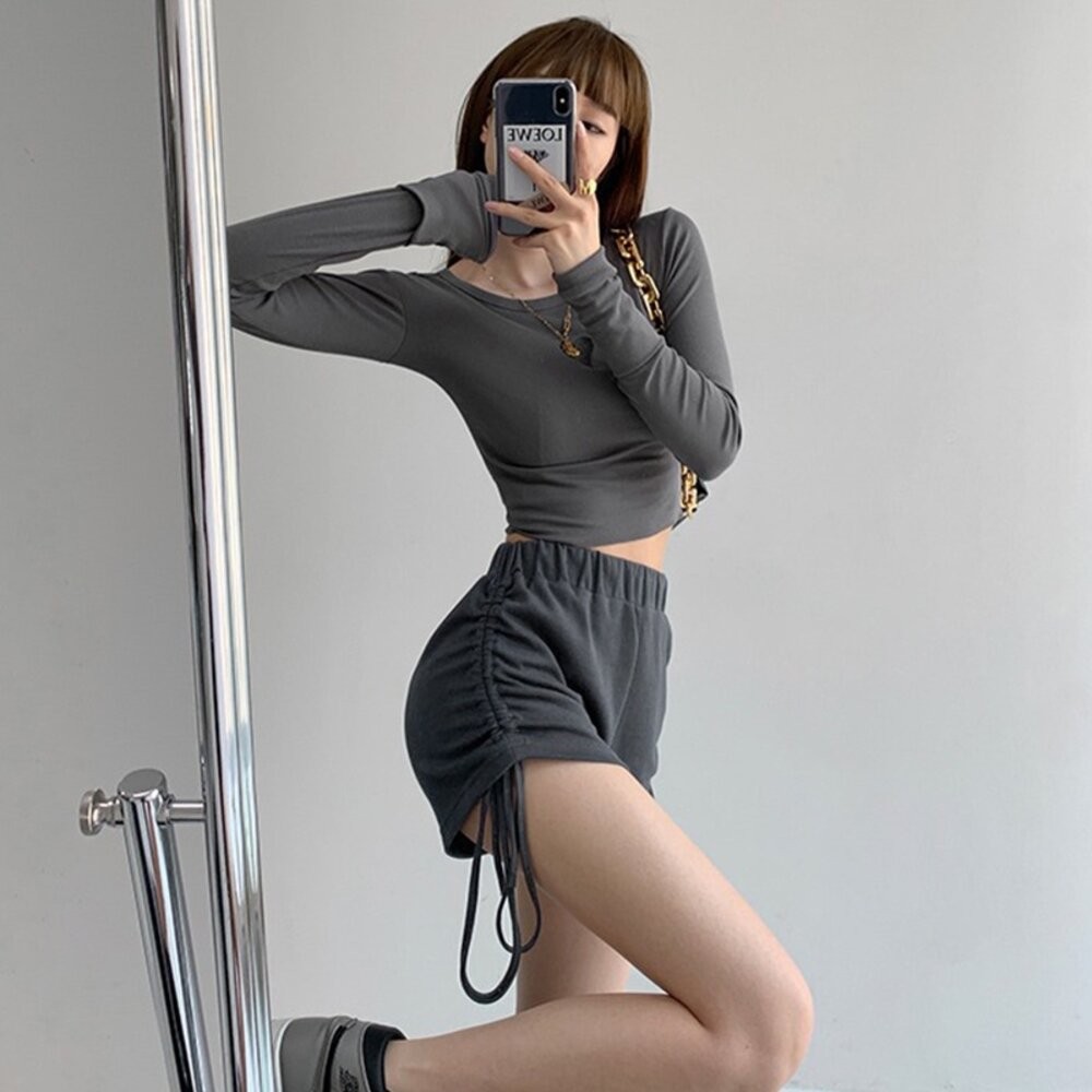 【台灣發貨】韓版高腰顯瘦抽繩褶皺運動短褲 短褲 褲子 女裝【P161】-細節圖2