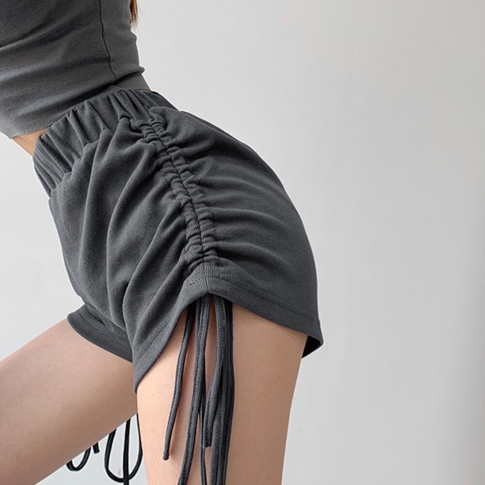 【台灣發貨】韓版高腰顯瘦抽繩褶皺運動短褲 短褲 褲子 女裝【P161】-細節圖4