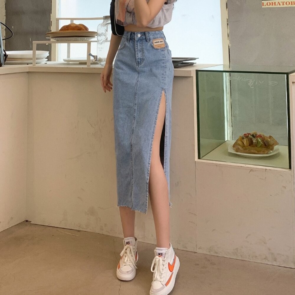 【台灣發貨】韓版高腰側開叉牛仔裙 裙子 褲裙 長裙 女裝【P154】-細節圖2