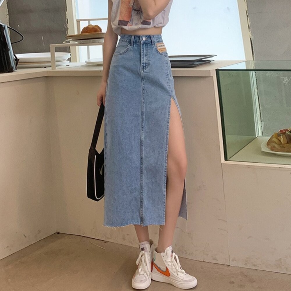 【台灣發貨】韓版高腰側開叉牛仔裙 裙子 褲裙 長裙 女裝【P154】-細節圖3