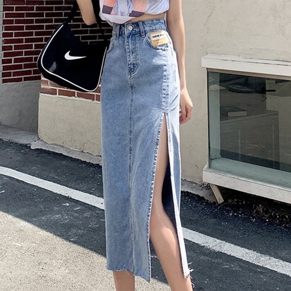 【台灣發貨】韓版高腰側開叉牛仔裙 裙子 褲裙 長裙 女裝【P154】-細節圖4