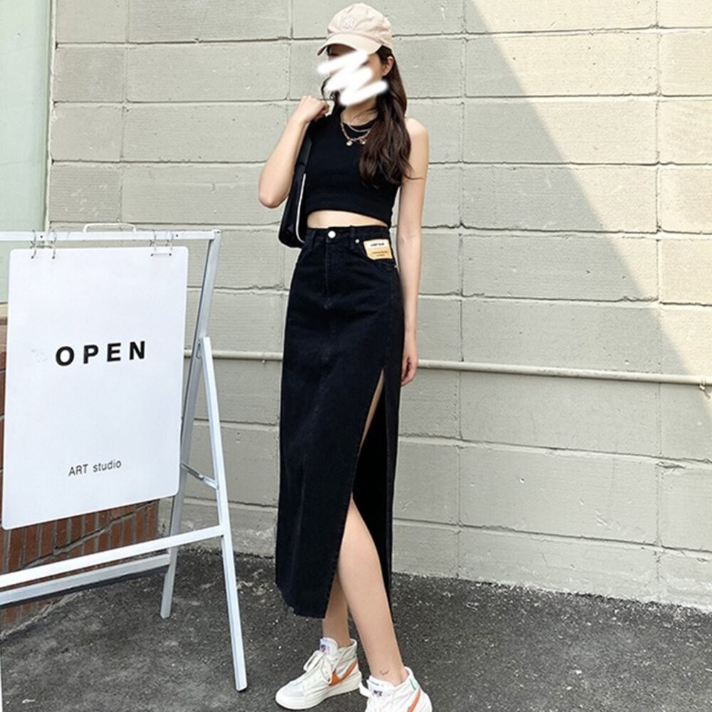 【台灣發貨】韓版高腰側開叉牛仔裙 裙子 褲裙 長裙 女裝【P154】-細節圖5