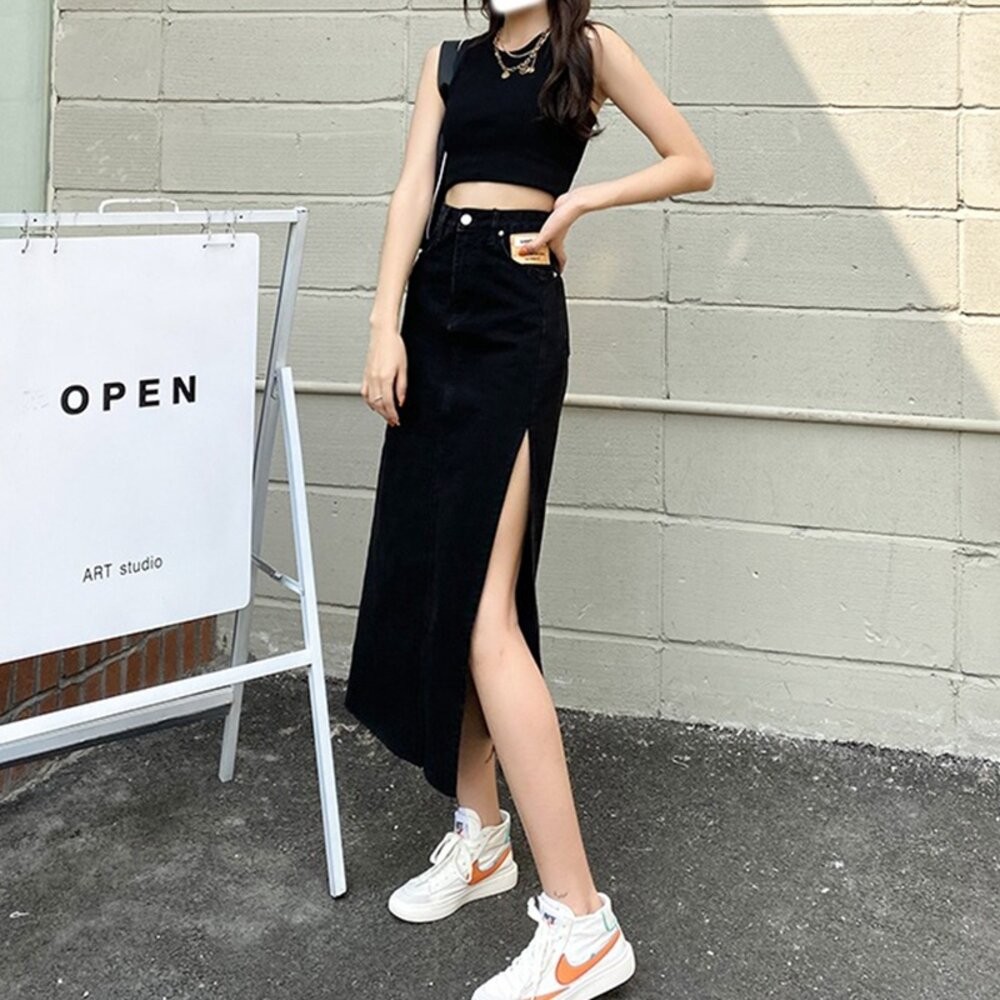 【台灣發貨】韓版高腰側開叉牛仔裙 裙子 褲裙 長裙 女裝【P154】-細節圖6