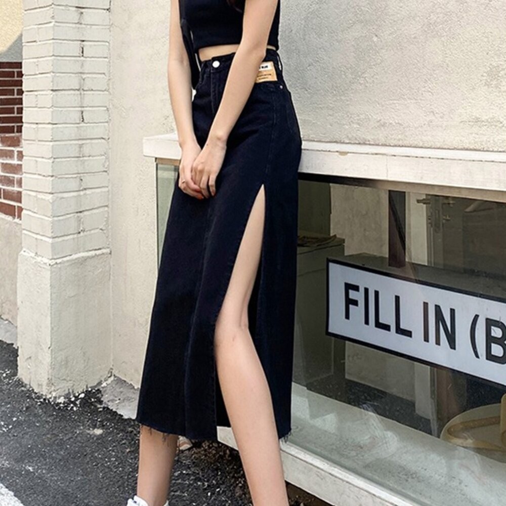 【台灣發貨】韓版高腰側開叉牛仔裙 裙子 褲裙 長裙 女裝【P154】-細節圖7