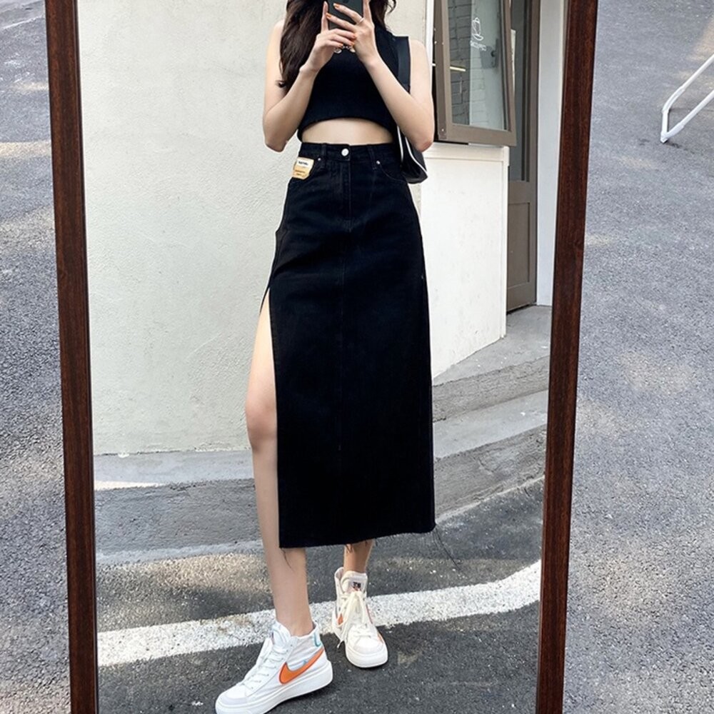 【台灣發貨】韓版高腰側開叉牛仔裙 裙子 褲裙 長裙 女裝【P154】-細節圖8