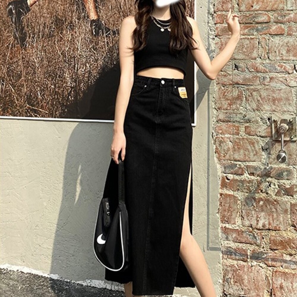 【台灣發貨】韓版高腰側開叉牛仔裙 裙子 褲裙 長裙 女裝【P154】-細節圖9