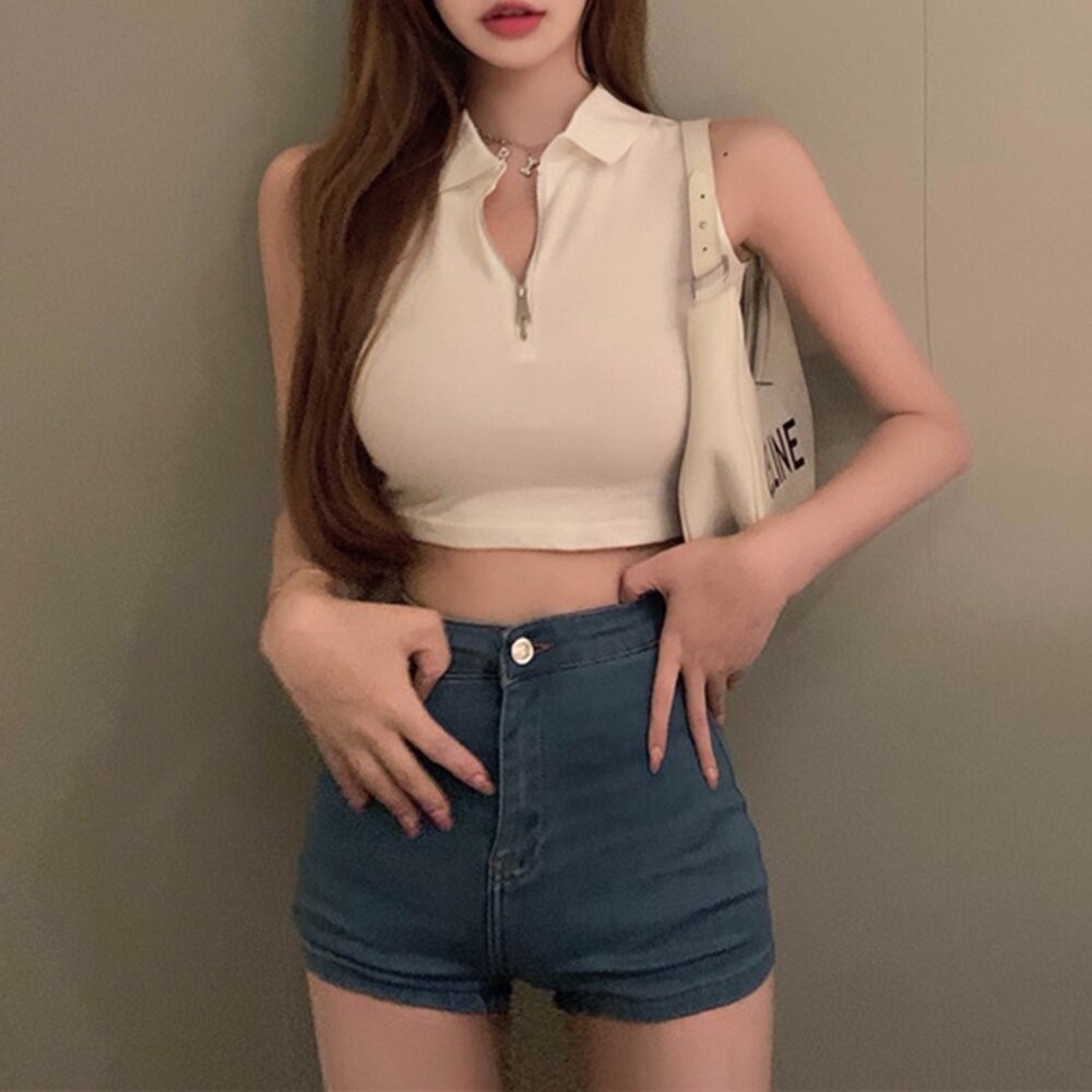 【台灣發貨】韓版顯瘦修身翻領拉鍊短版上衣 小可愛 背心 衣服 女裝 上衣【V229】-細節圖2
