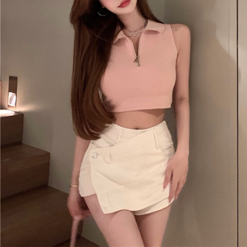 【台灣發貨】韓版顯瘦修身翻領拉鍊短版上衣 小可愛 背心 衣服 女裝 上衣【V229】-細節圖4