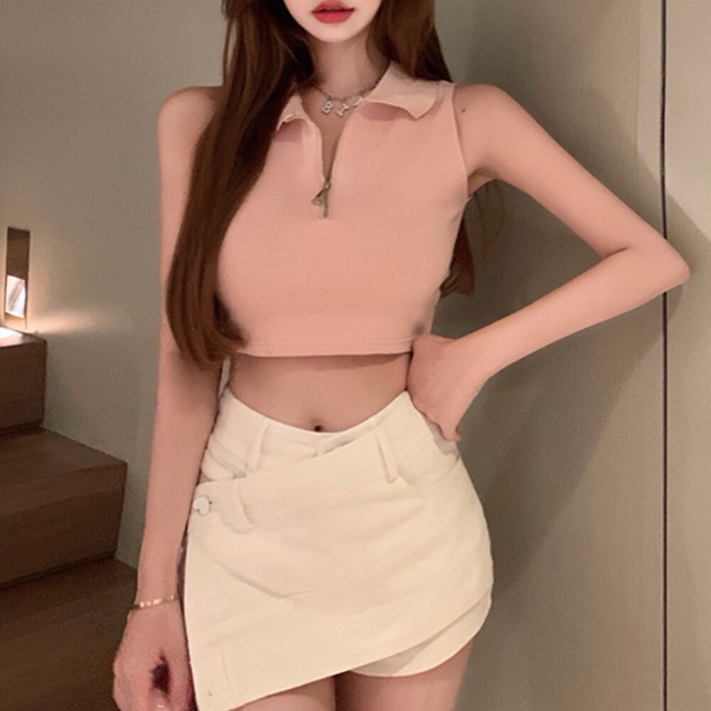 【台灣發貨】韓版顯瘦修身翻領拉鍊短版上衣 小可愛 背心 衣服 女裝 上衣【V229】-細節圖5