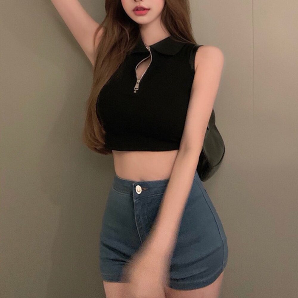【台灣發貨】韓版顯瘦修身翻領拉鍊短版上衣 小可愛 背心 衣服 女裝 上衣【V229】-細節圖6