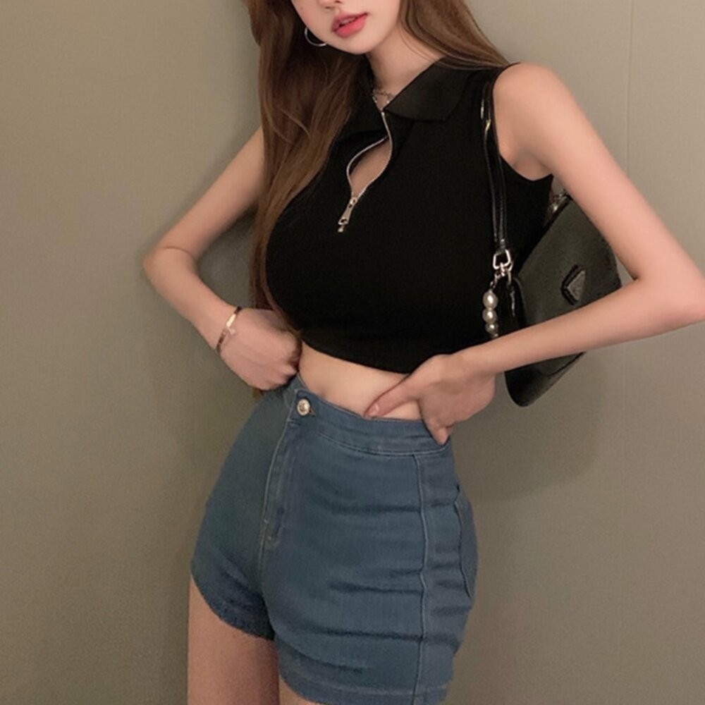【台灣發貨】韓版顯瘦修身翻領拉鍊短版上衣 小可愛 背心 衣服 女裝 上衣【V229】-細節圖7