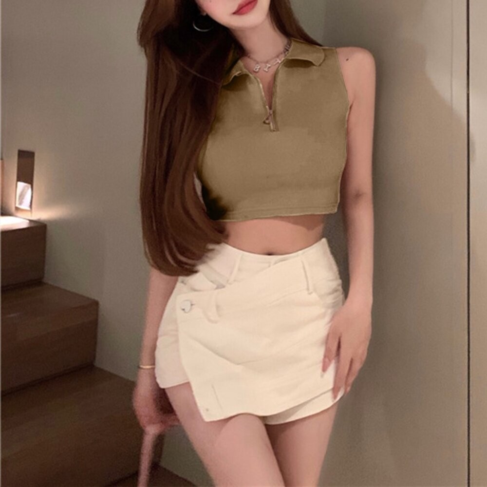 【台灣發貨】韓版顯瘦修身翻領拉鍊短版上衣 小可愛 背心 衣服 女裝 上衣【V229】-細節圖8